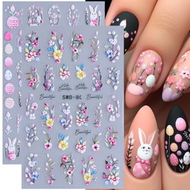 2 Sheets Easter Nail Art Stickers Cute Bunny Nail Decals 5D Relief Rabbits Flowers Eggs Self-Adhesive Nail Design Stickers Acrylic Nail Accessories Supplies for Women Girls Manicure