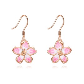 YFN Cherry Flower Earrings Sterling Silver Pink Enamel Flower Dangle Drop Earrings Jewelry Gifts for Women
