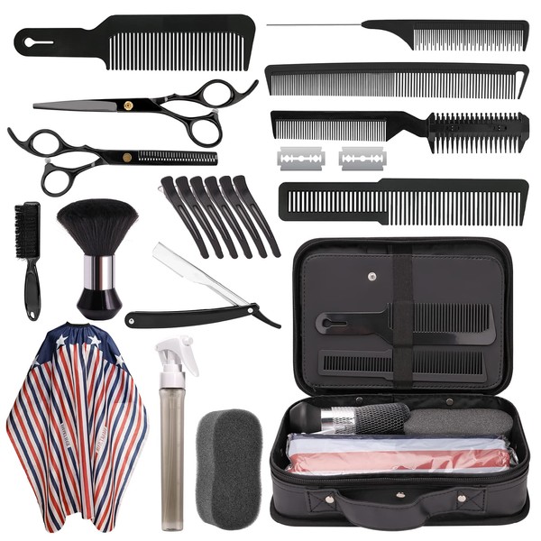 Hairdresser Tools Bag, Barber Cutting Set for Barbershop Home Hair Stylist Case Supplies with Hair Comb, Spray Bottle, Hair Brush, Hairdressing Scissors, Cape, Hair Clip (15Pcs/Set)