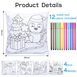 4 Pcs Christmas Coloring Pillow Case Set Christmas Coloring Pillowcase for Kids 18 x 18 Inches Christmas Pillow Covers and 12 Pcs Washable Markers for Holiday Party Decoration Supplies Craft