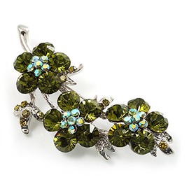 Diamante Floral Brooch (Silver&Olive Green)