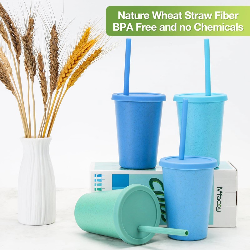 Mfacoy 4 Pack Wheat Straw Cups with Lid and Straws