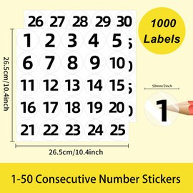 YEGAWEN 1 to 50 Consecutive Number Stickers, 2 inch Transparent Number Stickers Labels for Inventory, Storage, Organizing, Boxes, Bins, Toolbox, Locker (1000 Labels, Black)