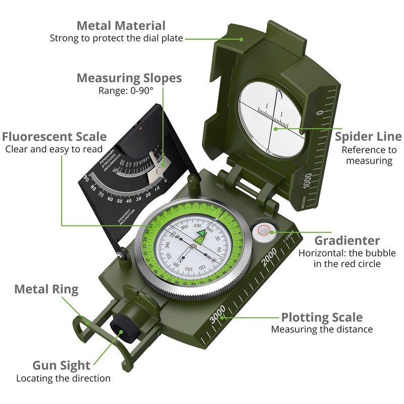Proster Compass for Hiking Waterproof Navigation Compass Clinometer with Fluorescent