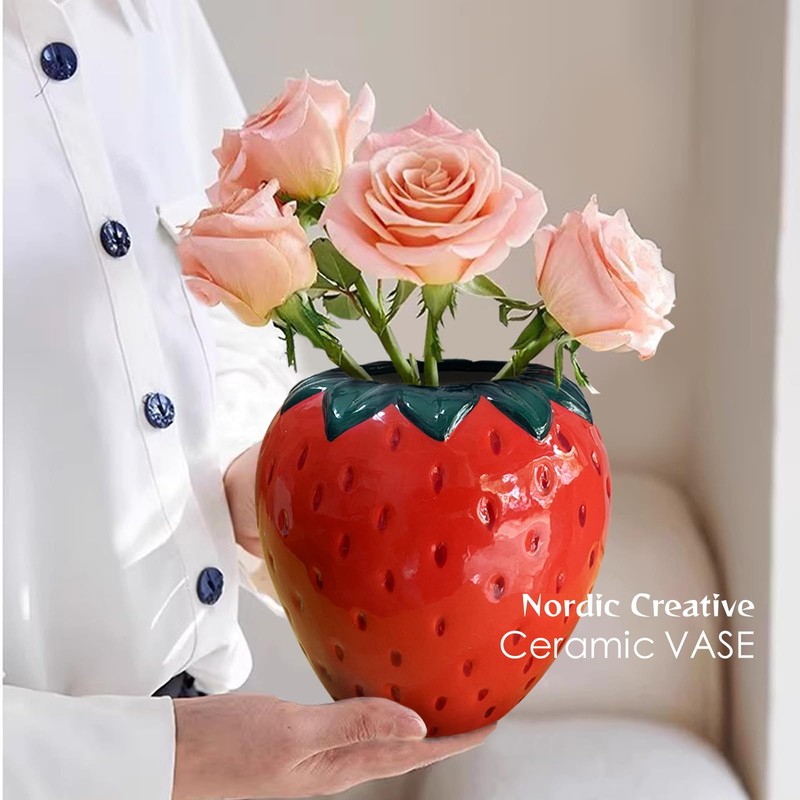Cute Strawberry Flower Vase, Ceramic Strawberry Shaped Vase Fun Fruit