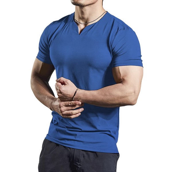 Ychnaim T-Shirts athlétiques en Maille pour Hommes avec col en V Fendu pour la Musculation d'entraînement de Gym Color Blue Size XL