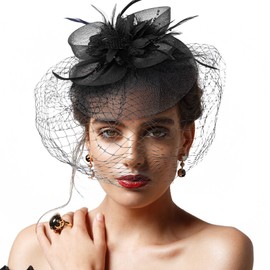 DRESHOW Fascinator Hats for Women Pillbox Hat with Veil Headband and a Forked Clip Tea Party Headpiece, 1 Pc: Veil Hat Black-UK