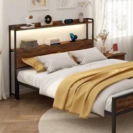 METYERRY Adjustable Full Size Headboard with Outlets, USB Ports,Type-C,LED Lights, and Storage, Rustic Brown, Sturdy Bed Frame Headboard for Enhanced Comfort and Functionality, Full Size