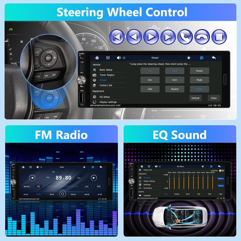 Motorsi Single Din Car Stereo with Wireless Apple Carplay, 6.9