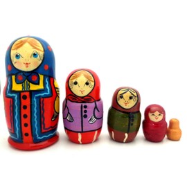 Traditional Russian Original Hand Carved Hand Painted Nesting 5 Piece Doll Set 4 inch Tall