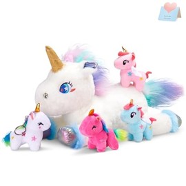 WEWILL 19'' Rainbow Unicorn Stuffed Animal, Mommy Unicorn with 4 Babies Unicorn, Magical Unicorn Pillow Plushies for Girls Ages 3-8, Unicorns Plush Toys for Christmas, Valentine's, Birthday Gifts