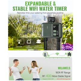 WiFi Water Timer for Garden Hose, Sprinkler Timer 2 Zone, 2 Outlets Smart Hose Timer with WiFi Irrigation Controller, APP Control, Automatic Irrigation System/Rain Delay/Manual Watering for Lawn Yard