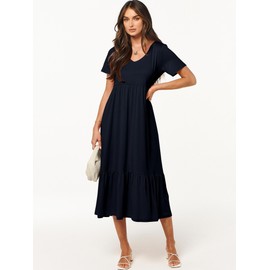 ANRABESS Women's Summer Casual Short Sleeve T Shirts Maxi Dress Flowy V Neck Tiered Beach Vacation Sundress 2025 Outfits Navy Blue Large