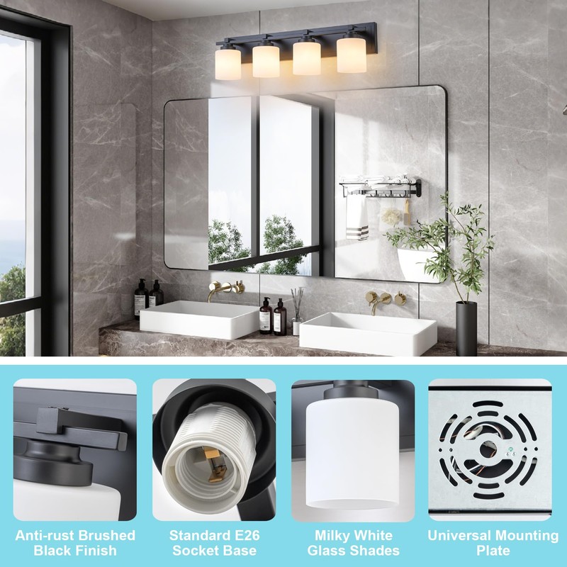 BrkNit 4 Light Modern Bathroom Light Fixtures Over Mirror, Black