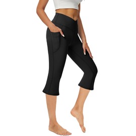 COPYLEAF Women's Flare Yoga Pants with Pockets-V Crossover High Waisted Flare Yoga Leggings-Bell Bottom Workout Capris Leggings Black