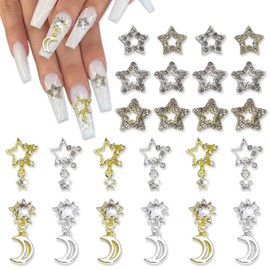 DANNEASY 32pcs 3D Star Nail Charms Dangle Flat Back Charms for Nails Rhinestones Gems Crystal Diamond Gold Silver Metal Nail Studs Nail Decoration for Acrylic Nails DIY Craft Jewelry Making
