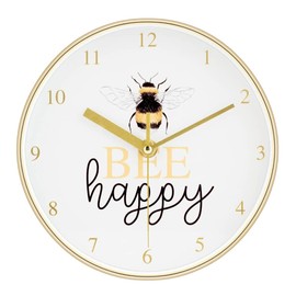 UK-HOME-BARGAINS 20cm BUMBLE BEE Small Round Wall Clock Polished Yellow Gold Effect Be Happy
