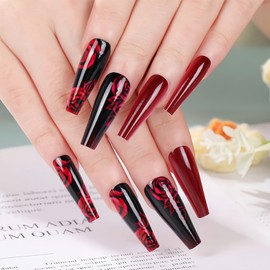 Black Press on Nails Long Coffin Fake Nails with Wine Red Large Rose Flower Pattern Design Autumn Winter Acrylic Glossy Stick on False Nails Artificial Full Cover Glue on Nails for Women Girls 24 Pcs