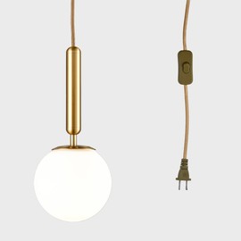 DIRYZON Modern Gold Pendant Light with Plug-in Cord,Milk Glass Pendant Hanging Lighting Globe Swag Light Plug in for Bedroom Living Room （15 CM/6 INCH）