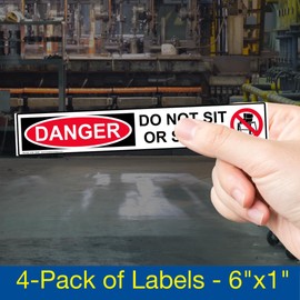 ComplianceSigns.com Danger Do Not Sit Or Stand Label Decal, 6 x 1 inch 4-Pack Self Adhesive Vinyl for Industrial Notices, American Made Safety Stickers