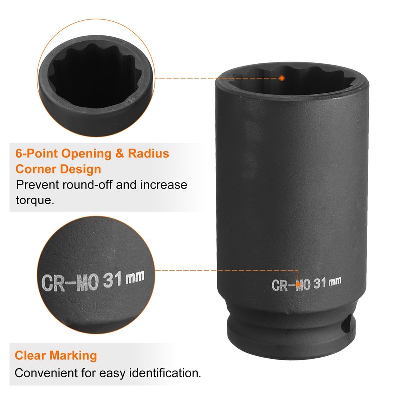 HARFINGTON 12-Point Deep Impact Socket 1/2 Inch Drive 31mm Metric