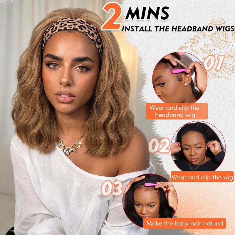 Glueless Wavy Headband Wigs 14inch Synthetic Honey Blonde Brown Mix