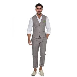 Casual Linen Suit Prom Wedding Tuxedos for Groomsmen Summer Beach Vest+Pants Suit Set Grey M
