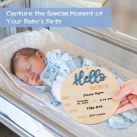 Baby Hello World Announcement Sign: Wooden Blue Baby Newborn Signs for Hospital with Footprint - Birth Round Board for Welcome New Boy Nursery Gifts