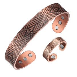 MagEnergy 2pcs Copper Bracelet for Men Magnetic Bracelets with Ring Set for Men Ultra Strength Magnetic Bracelet Pure Copper Bangle