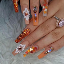Fall Press on Nails Long Coffin Fake Nails Thanksgiving False Nails with Design Maple Leaves & Rhinestones Glue on Nails Orange Glitter Gradient Autumn Design Stick on Nails for Women Manicure 24Pcs