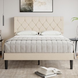 VECELO Full Size Bed Frame with Button Tufted Headboard, Upholstered Platform with Wooden Slat Support, No Box Spring Needed, Beige