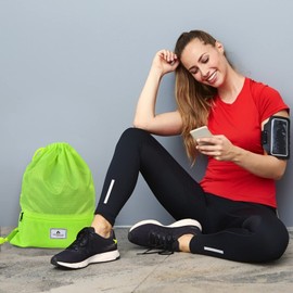 COSTWAY Drawstring Backpack, Folding Sports Gym Backpack with Zipper Pockets, String Cinch Bag for Gym Shopping Sport Yoga Beach Travel Camping Workout Gear (Black)