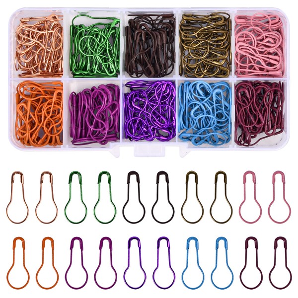300Pcs 10 Colour Bulb Safety Pins, Small pins 10 Assorted Colors, Pear Shaped Metal Gourd Pins, Calabash Pins with Storage Box, Knitting Stitch Markers for DIY Project, Sewing, Clothing