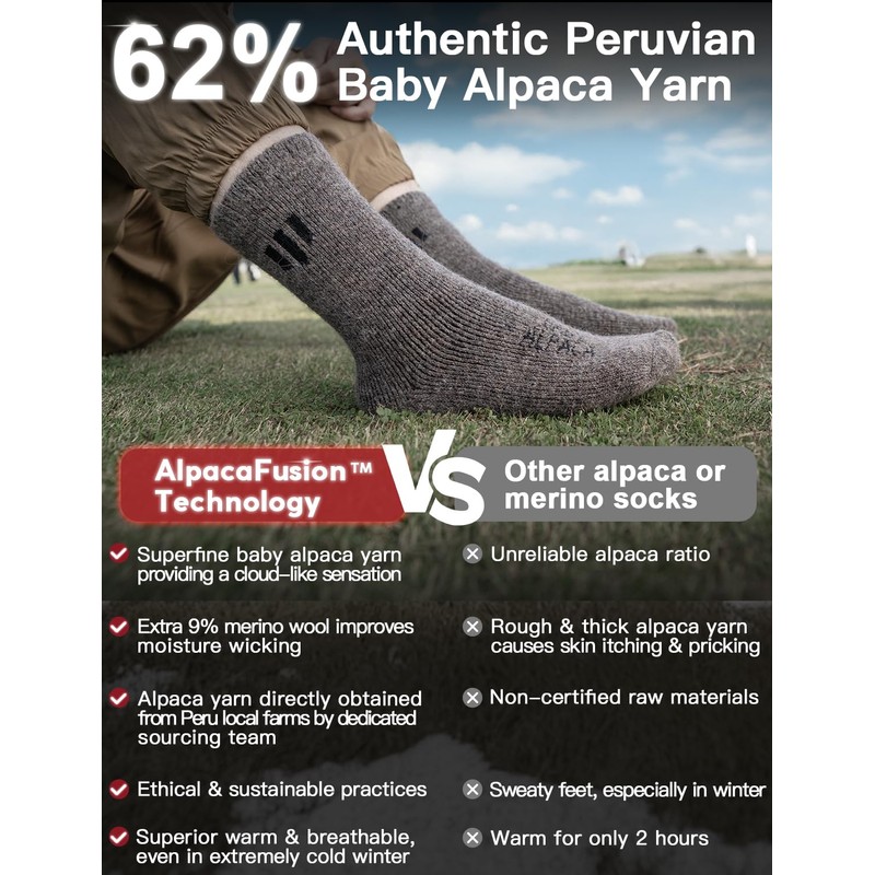 2-Pack Alpaca Wool Crew Socks, Thick Thermal Winter Socks Hunting