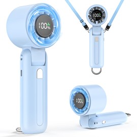 PHENSEN 4 in 1 Turbo Handheld Fan - 100-Speed Adjustable, 160° Flexible Head, 5000mAh Battery, 7-Blade Cooling - Portable, Foldable & Carabiner Clip for Travel, Office, Camping (Sky blue)
