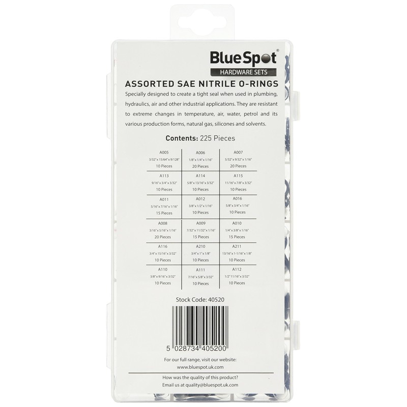 Blue Spot 40520 SAE Nitrile O-Ring Set - Black (225-Piece)