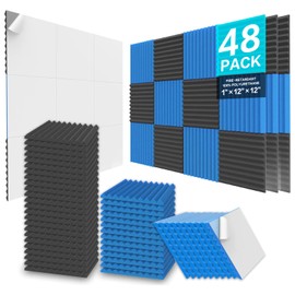 JBER 48 Pack Acoustic Foam Panels, 1" X 12" X 12" Upgraded Self-Adhesive Studio Soundproofing Wedges Fire Resistant Sound Proof Padding Acoustic Treatment Foam - Black & Blue