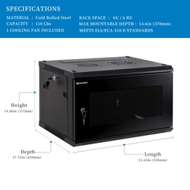 RackPath 6U Wall Mount Server Cabinet Network Rack Enclosure, Quiet Cooling Fan, Perforated Door, Black