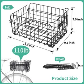 Foldable Bike Basket Rear Waterproof Steel Bicycle Cargo Basket/Removable Oxford Liner, Anti-Rust Coating for Commuting/Grocery Shopping/Pet Carrier, Fits Most Rear Racks