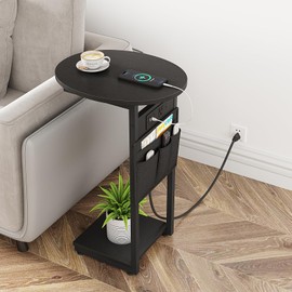 Vagusicc C Shaped End Table with Charging Station, Small Side Table for Small Spaces, TV Tray Slide Under Sofa Table for Living Room, Bed Side Tables Bedroom, Black Round Couch Side Table for Couch