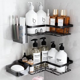 YEAPUPE PRO Set Mensole da Bagno 5 Pezzi – Ripiani Doccia Senza Forature con 2 Mensole Angolari, Porta Sapone, Portaspazzolini e Cestino – Adesivo, Nero