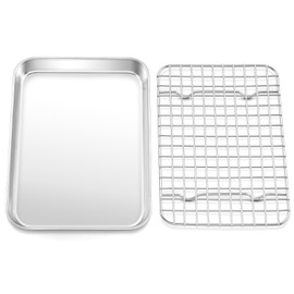 TeamFar Toaster Oven Pan with Rack Set, 9’’ x 7’’ x 1’’ Stainless Steel Compact Toaster Oven Small Baking Pan Tray with Mini Cooling Grid Rack, Healthy & Heavy-Duty, Dishwasher & Oven Safe, 2pcs
