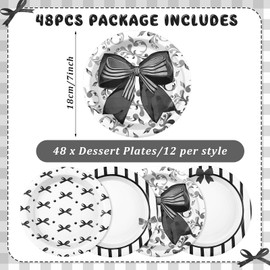 Teenyyou 48 Pcs Black Bow Party Supplies 7 Inch Bow Birthday Party Plates Decorative Paper Dinner Plate Serve 48 Guests Bow Party Decor for Bachelorette Bridal Engagement Baby Shower