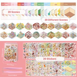HAJXXMM 20 Sets DIY 3D House Stickers Kit, Sticker Scene Book, 3D Sticker Scene, Stress Relief Sticker Scenes with 29 PET Stickers, 20 Miniature Cabins, 2 Tweezers, for Adults Kids Teens