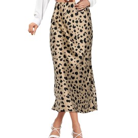 Women's Skirt, Midi Satin High Waist Skirt (US, Alpha, Medium, Regular, Regular, Standard, Leopard)