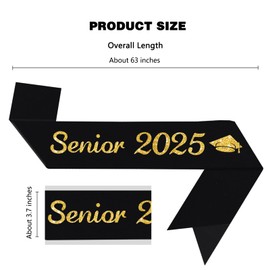 Vuzvuv Senior 2025 Graduation Sash, Black Satin Sash with Glitter Gold Fonts and Mortarboard Design, 2025 Graduation Decoration for Class 2025 Graduates