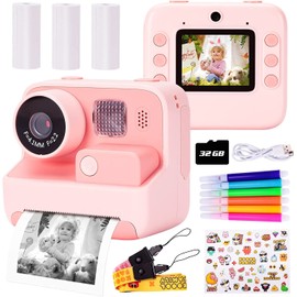 Kids Instant Print Camera Digital Camera for Kids with 2.0 Inch 1080P HD Screen, Kids Camera 48MP for Girls Boys Gifts with 32GB SD Card, 3 Rolls of Printing Paper, 6 Colored Pens (Pink)