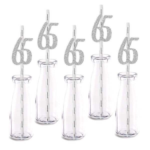 Silver Happy 65th Birthday Straw Decor, Silver Glitter 24pcs Cut-Out Number 65 Party Drinking Decorative Straws, Supplies