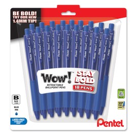 Pentel Wow! Retractable Ballpoint Pen, (1.4mm), Bold Line, Blue Ink, Pack of 18 (BK444BP18C)