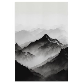 kerneLight Mountain Wall Art Black and White Art Layered mountain landscape watercolor Canvas Painting Morning Fog Gable Print Modern Nature for Living Room Home Decoration, 12x18Inch UNFRAMED